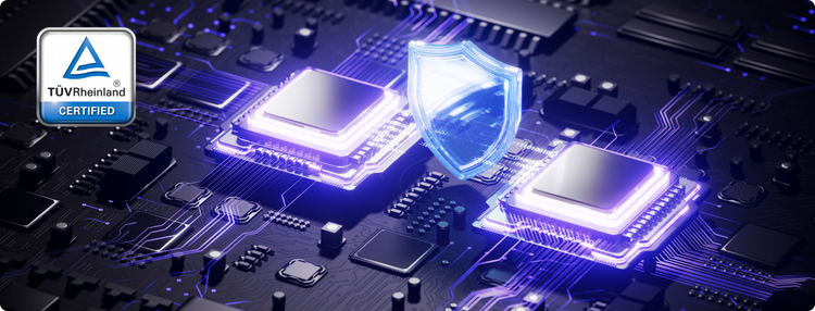 TÜV Rheinland certified logo over an image of a circuit board with a glowing shield symbol.